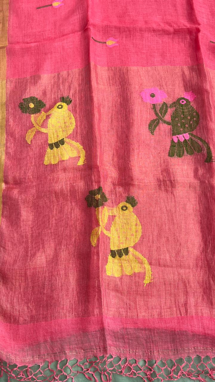 Peach Elegant Pure Linen Handloom Saree with Paithani Pallu