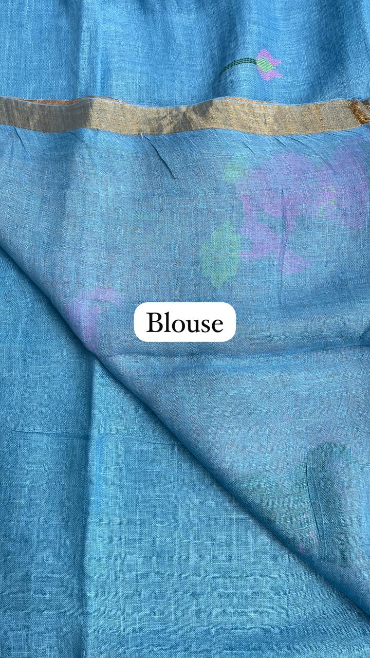 Blue Elegant Pure Linen Handloom Saree with Paithani Pallu