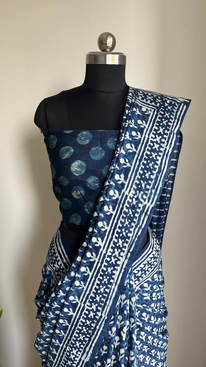 Indigo Cotton Hand Block Print Saree