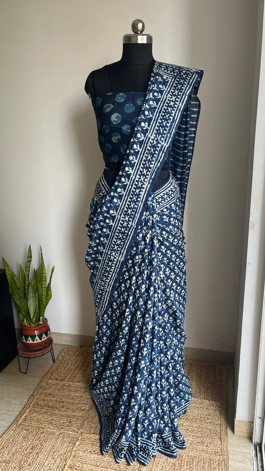 Indigo Cotton Hand Block Print Saree