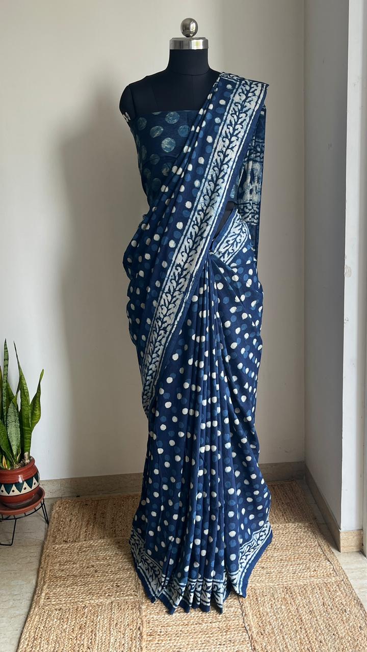 Indigo Cotton Hand Block Print Saree