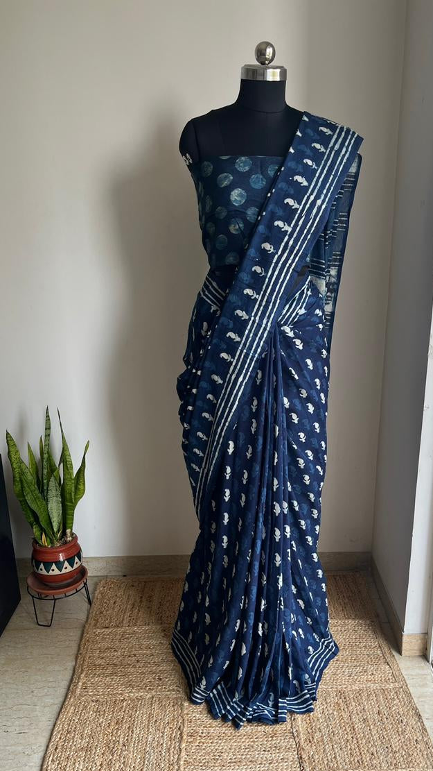 Indigo Cotton Hand Block Print Saree
