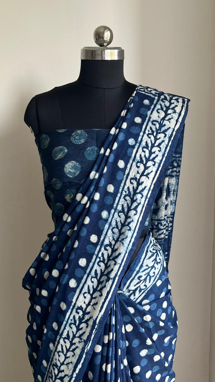 Indigo Cotton Hand Block Print Saree