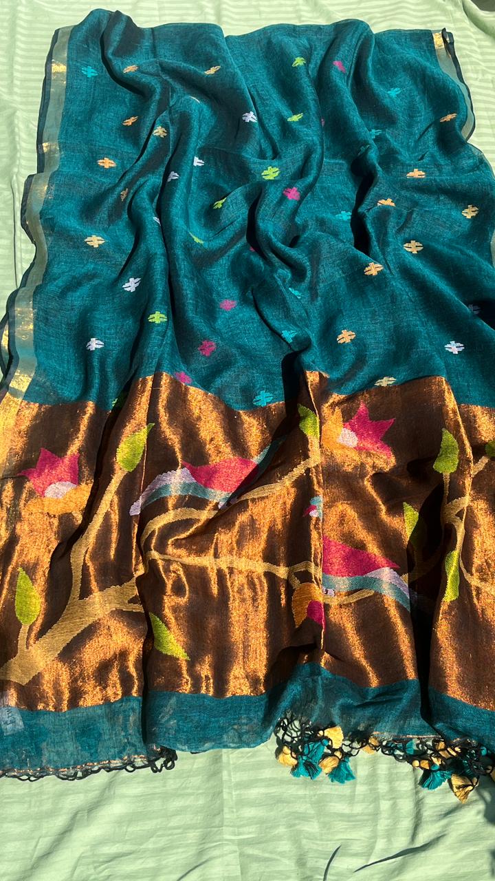 Teal Green Handwoven Linen Saree Featuring Paithani Pallu