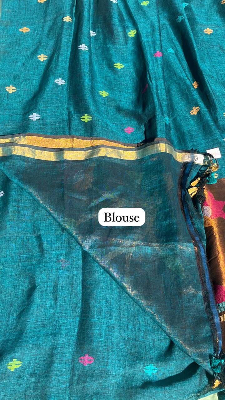 Teal Green Handwoven Linen Saree Featuring Paithani Pallu