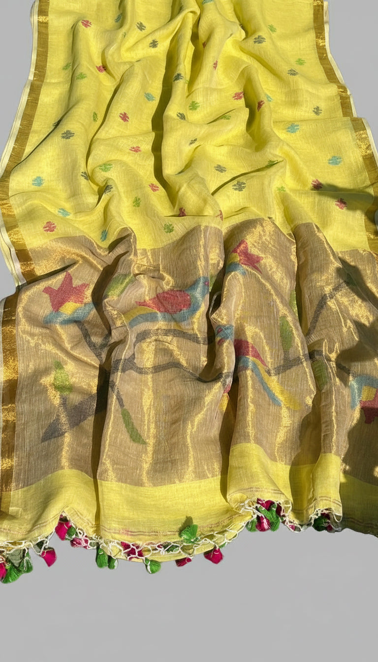Lemon Yellow Handwoven Linen Saree Featuring Paithani Pallu
