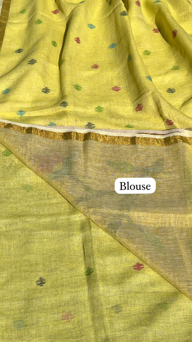 Lemon Yellow Handwoven Linen Saree Featuring Paithani Pallu