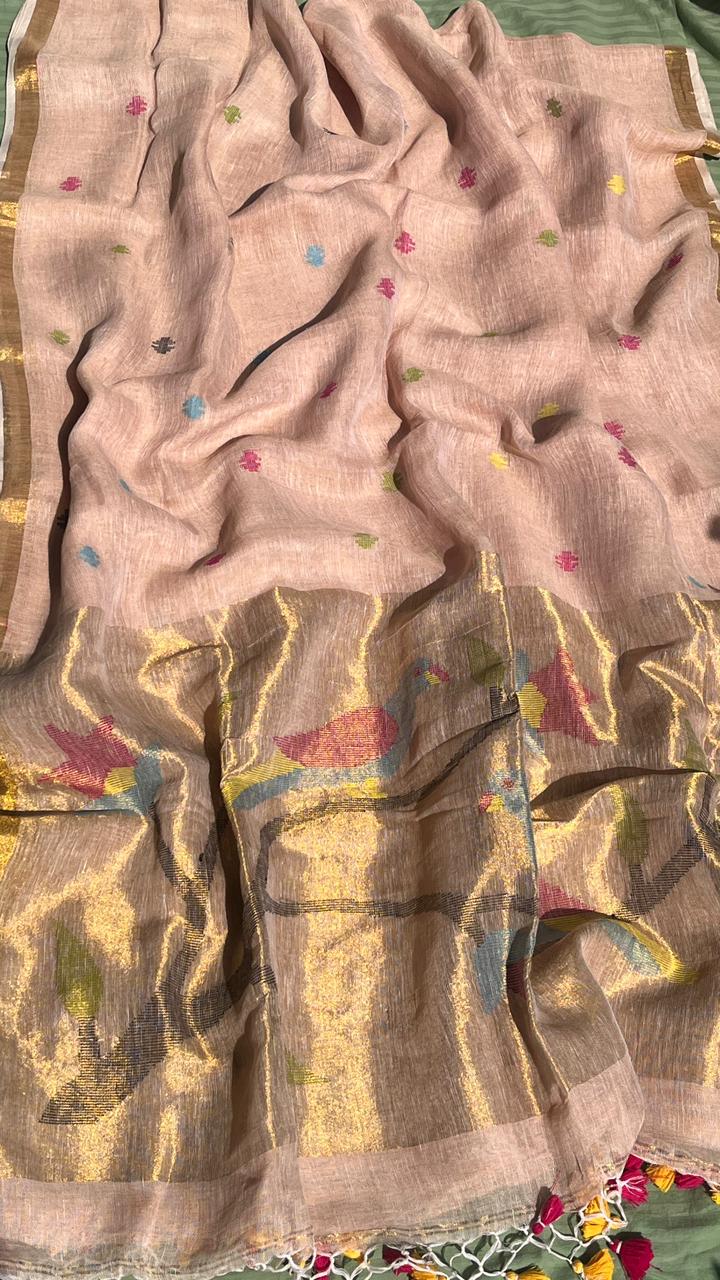 Beige Handwoven Linen Saree Featuring Paithani Pallu