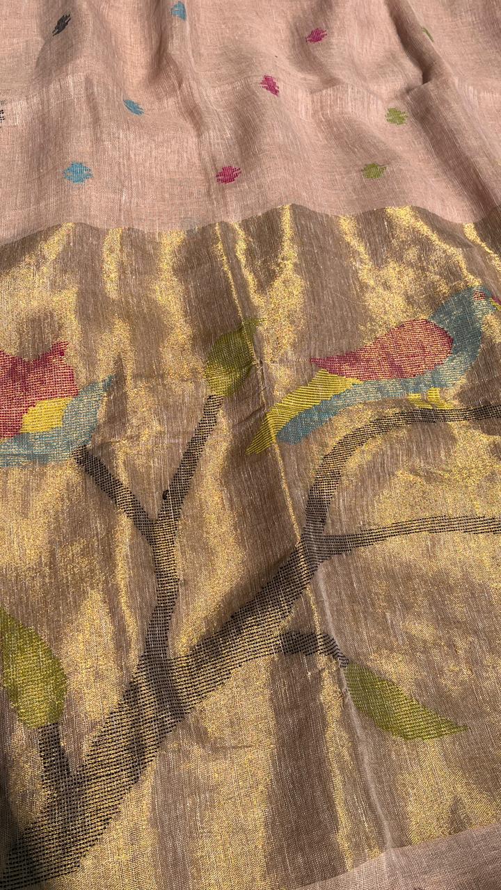 Beige Handwoven Linen Saree Featuring Paithani Pallu