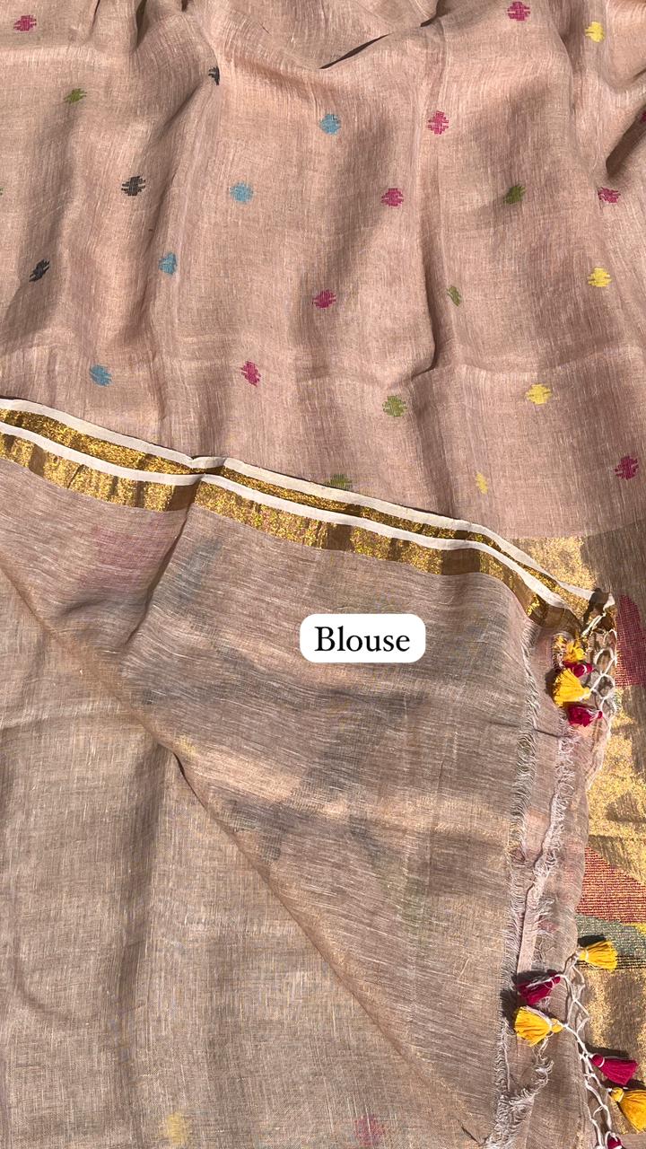 Beige Handwoven Linen Saree Featuring Paithani Pallu