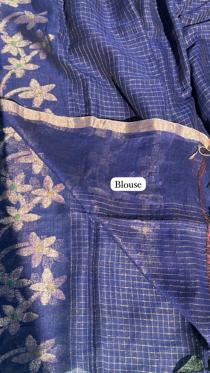 Navy Blue Handwoven Pure Linen Saree – Checks &amp; Floral Motifs