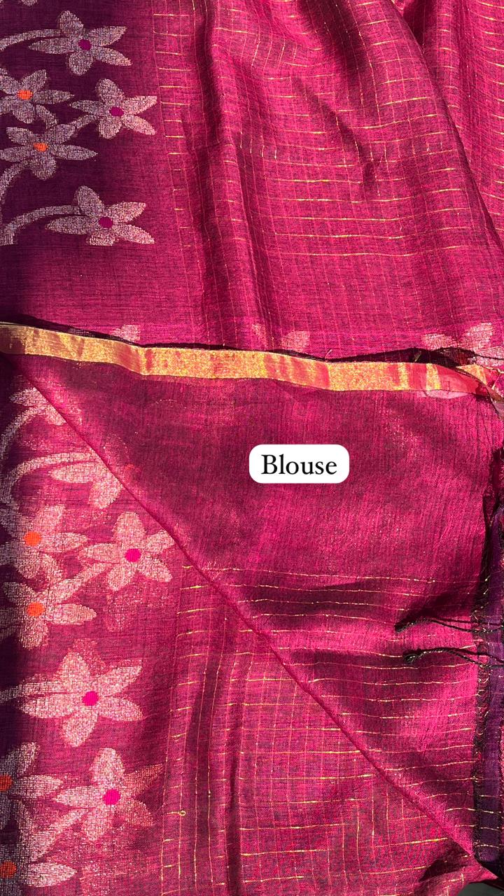 Magenta Handwoven Pure Linen Saree – Checks & Floral Motifs
