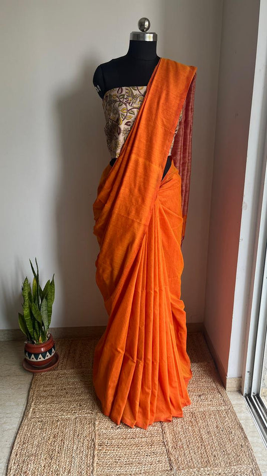 Orange -Mul Cotton Gicha Weaving Work Saree