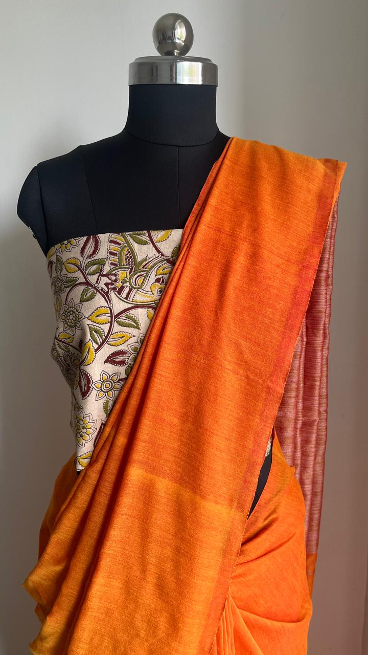 Orange -Mul Cotton Gicha Weaving Work Saree