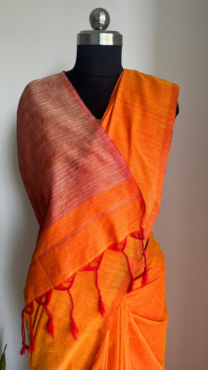 Orange -Mul Cotton Gicha Weaving Work Saree