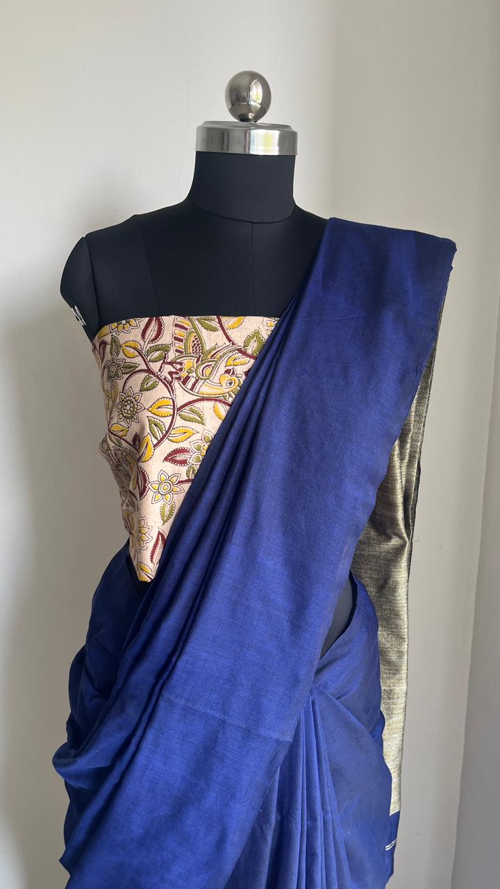 Navy Blue- Mul Cotton Gicha Weaving Work Saree