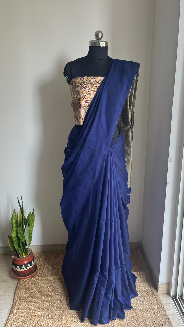 Navy Blue- Mul Cotton Gicha Weaving Work Saree
