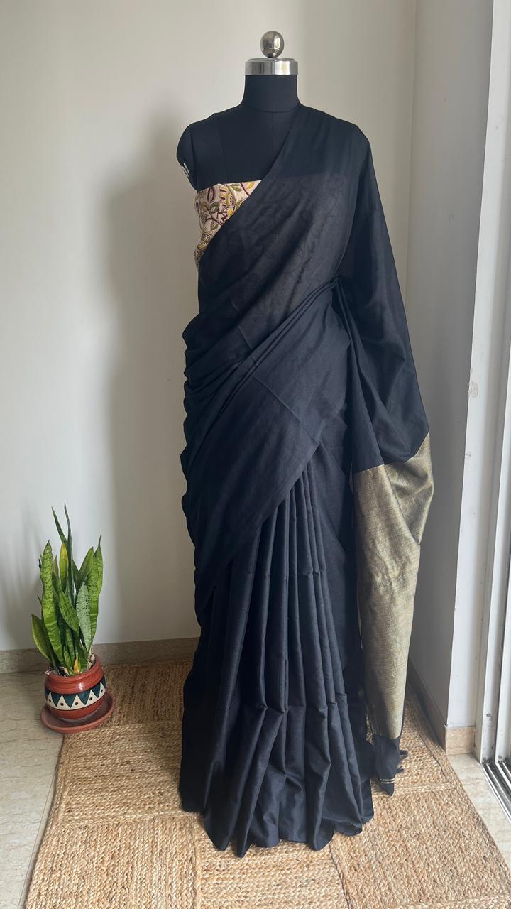 Black- Mul Cotton Gicha Weaving Work Saree