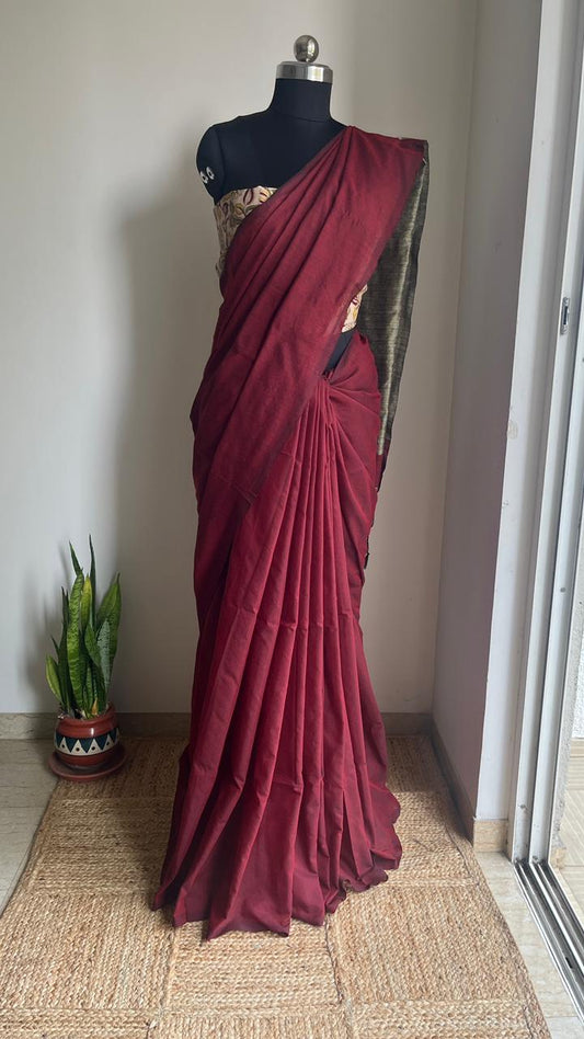 Maroon -Mul Cotton Gicha Weaving Work Saree