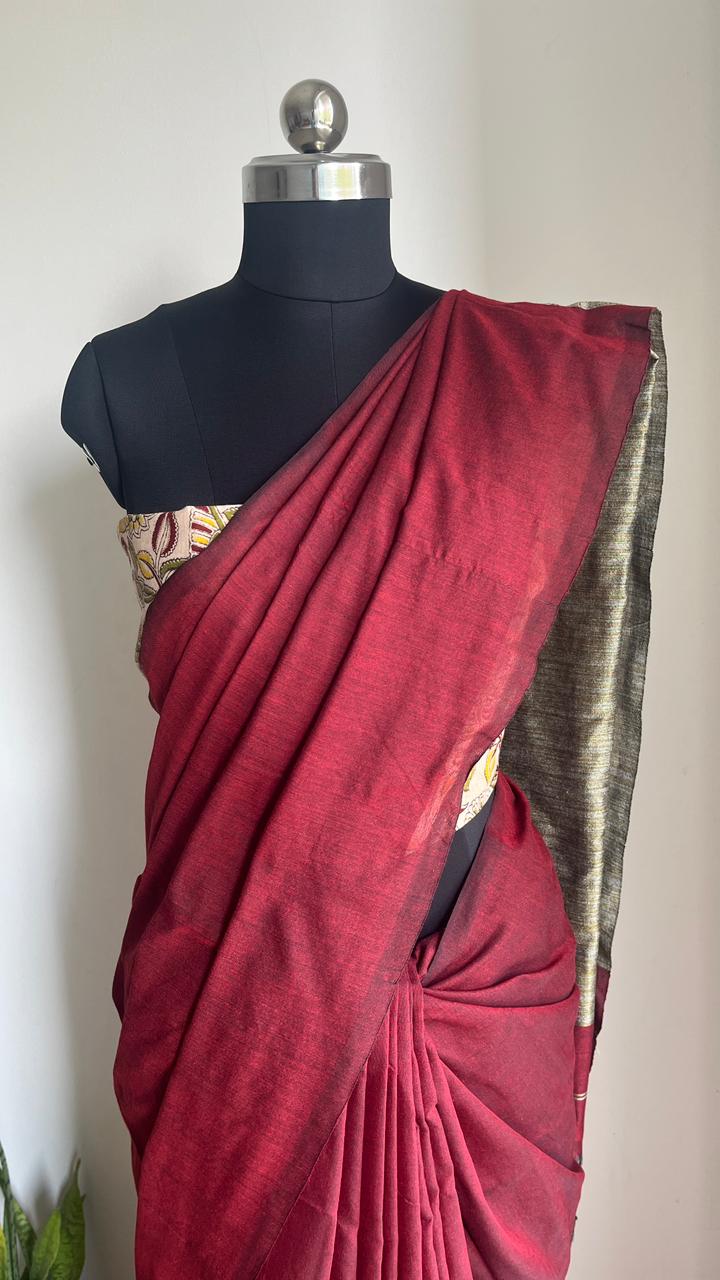 Maroon -Mul Cotton Gicha Weaving Work Saree