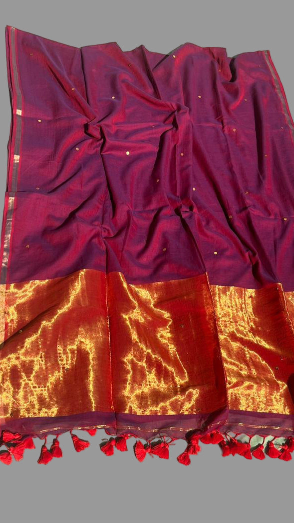 Purple- Mul Cotton Sequin Jori Border Saree