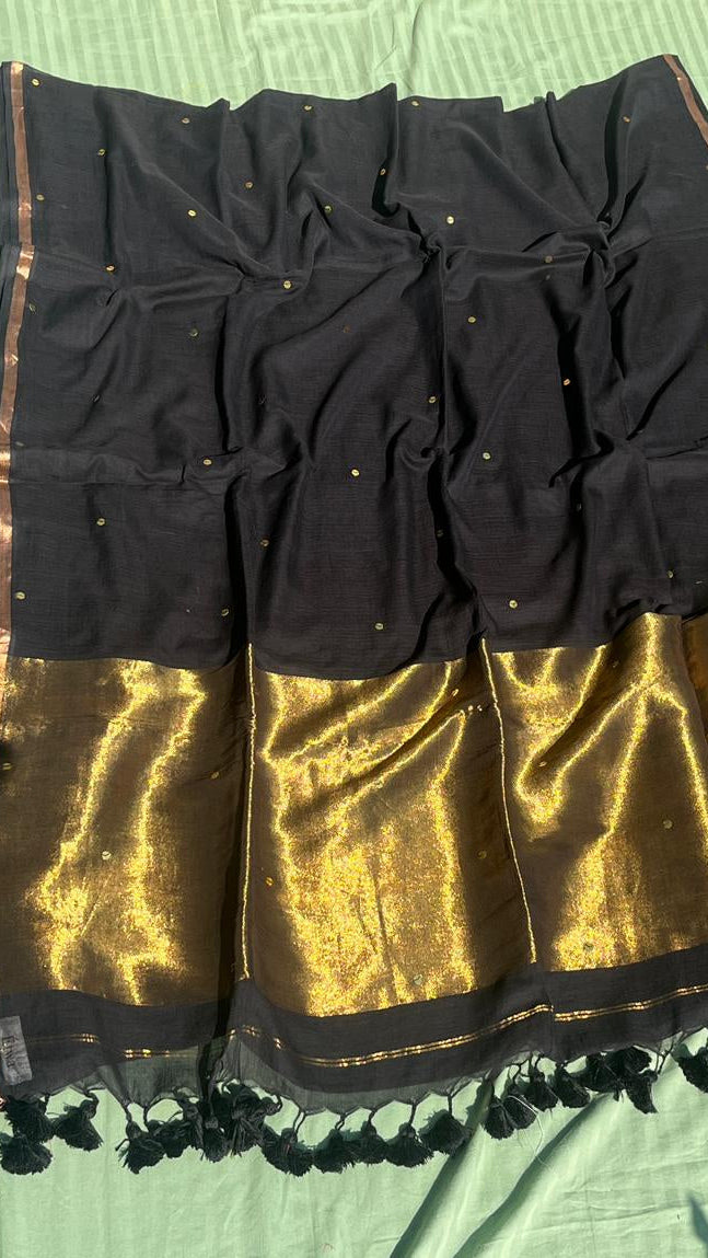 Black Mul Cotton Sequin Jori Border Saree