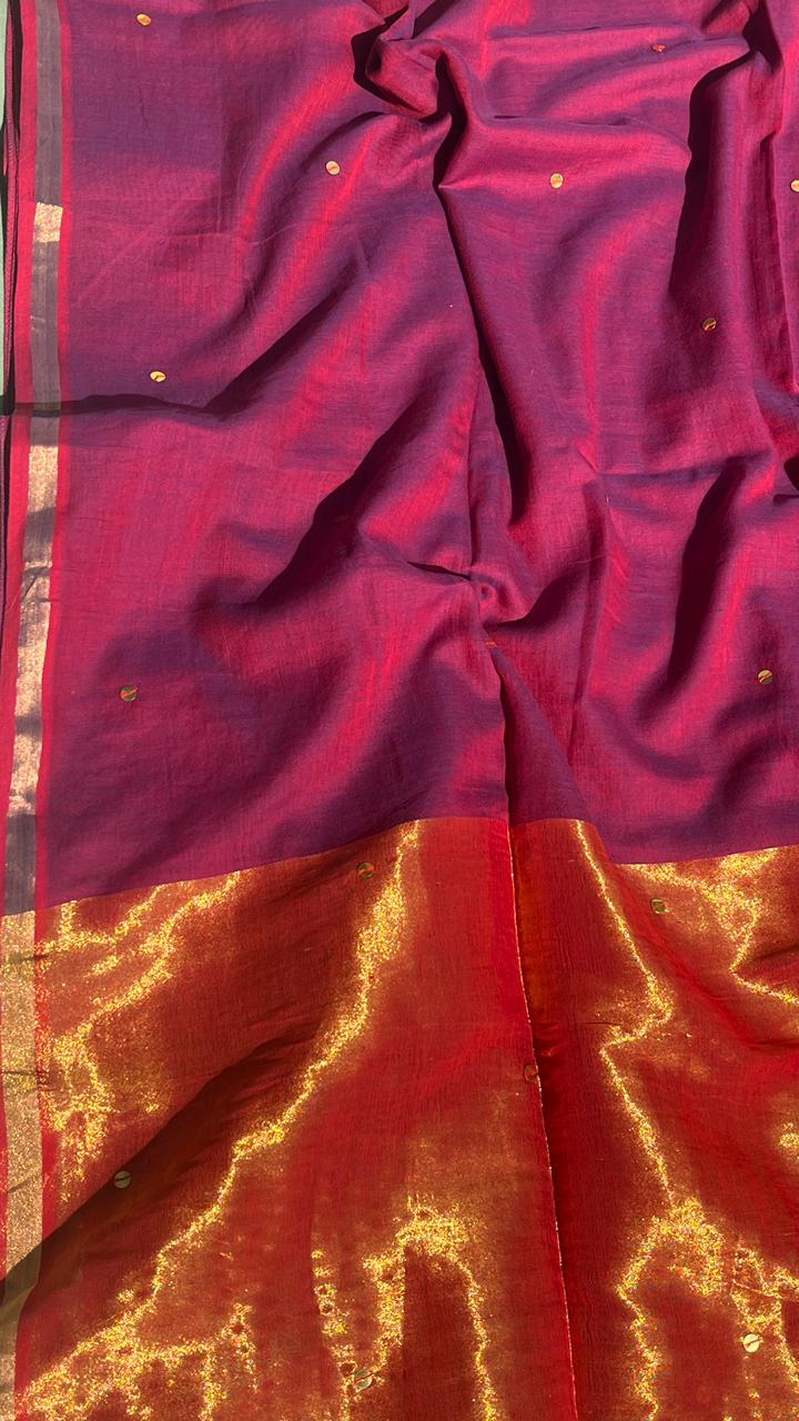 Purple- Mul Cotton Sequin Jori Border Saree