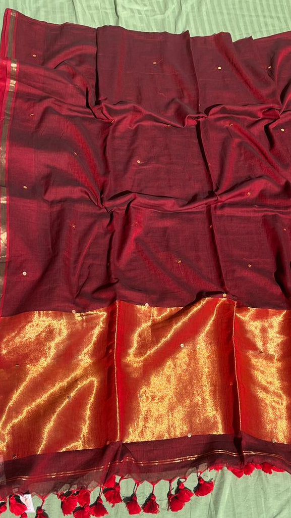 Brownish Red - Mul Cotton Sequin Jori Border Saree