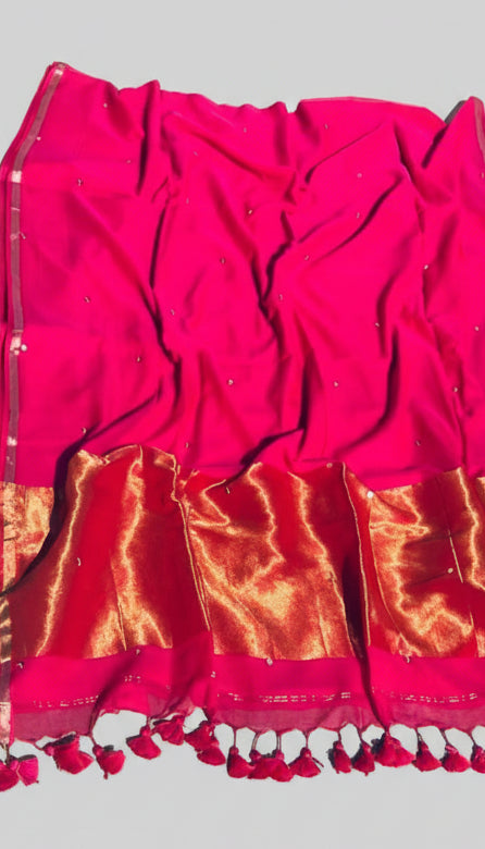 Pink Mul Cotton Sequin Jori Border Saree