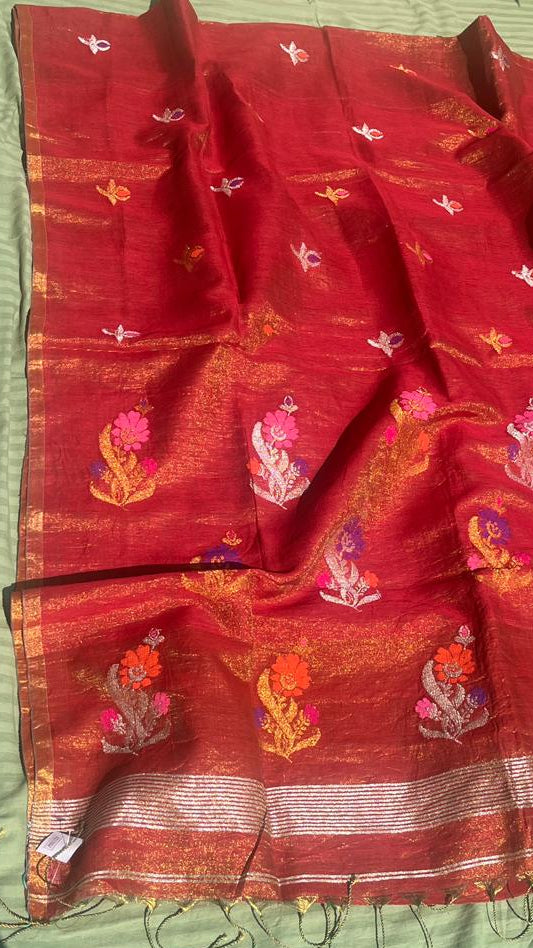Red Handwoven Linen Tissue Saree -New Podu Design
