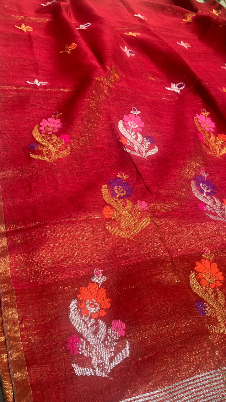 Red Handwoven Linen Tissue Saree -New Podu Design
