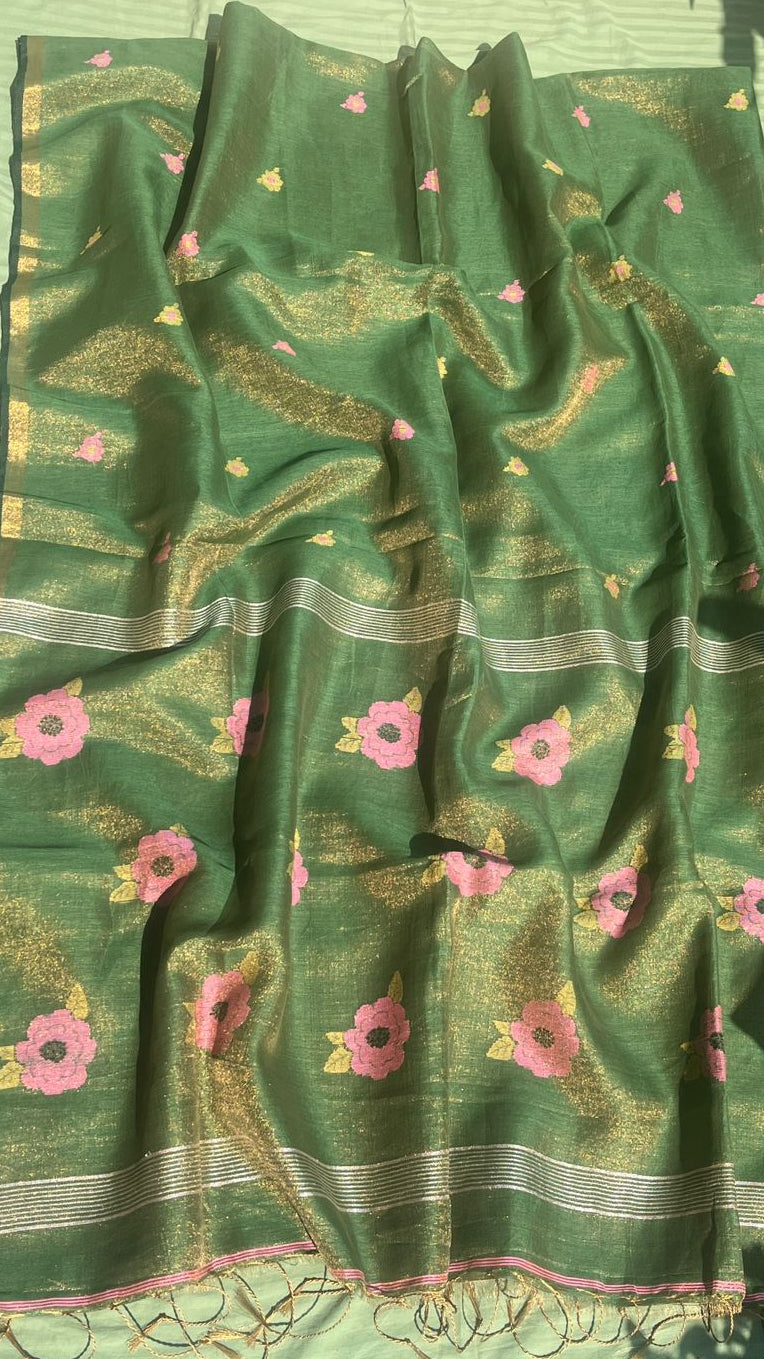 Green Handwoven Linen Tissue Saree – Floral Pallu Design