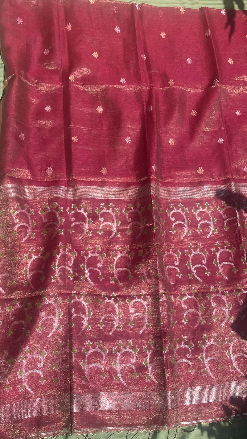 Pink Handwoven Linen Tissue Saree – Palak Pallu Design