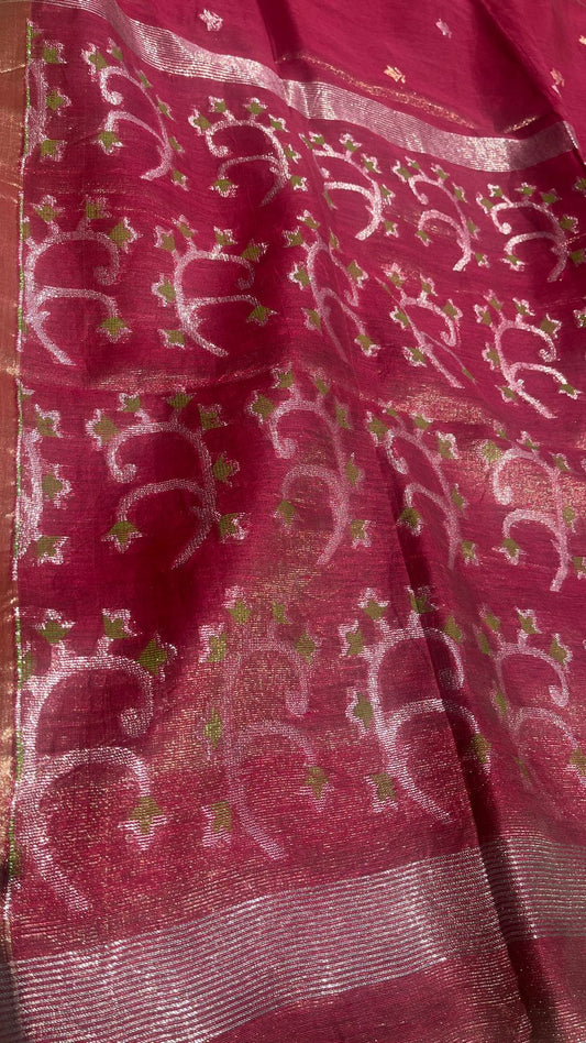 Pink Handwoven Linen Tissue Saree – Palak Pallu Design