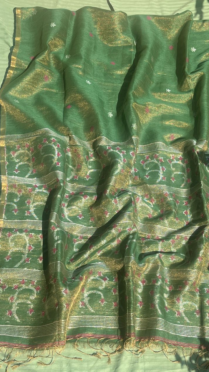 Green Handwoven Linen Tissue Saree – Palak Pallu Design