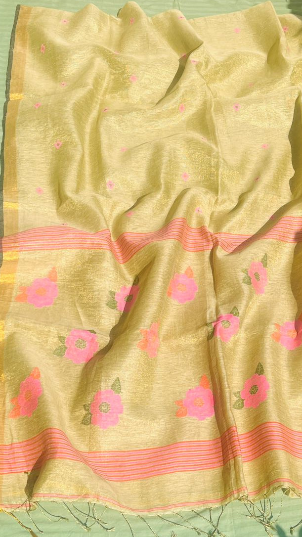 Golden Handwoven Linen Tissue Saree – Floral Pallu Design