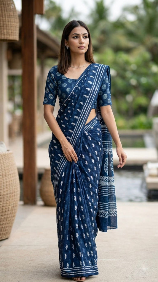 Indigo Cotton Hand Block Print Saree