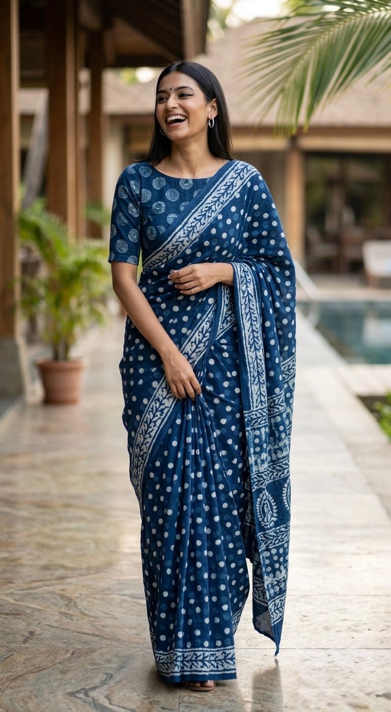 Indigo Cotton Hand Block Print Saree
