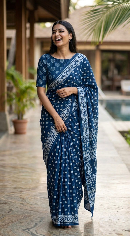 Indigo Cotton Hand Block Print Saree