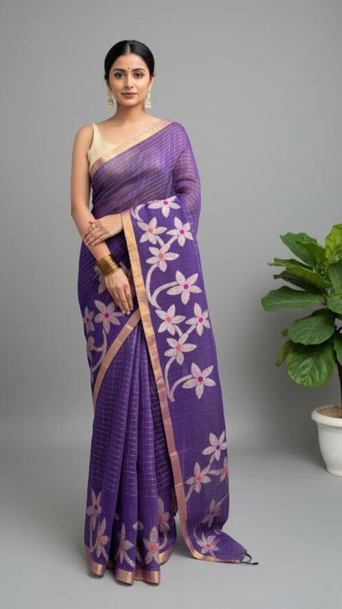 Purple Handwoven Pure Linen Saree – Checks &amp; Floral Motifs