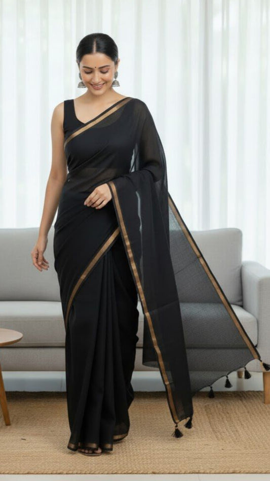 Black- Mul cotton saree with Thin jori border.