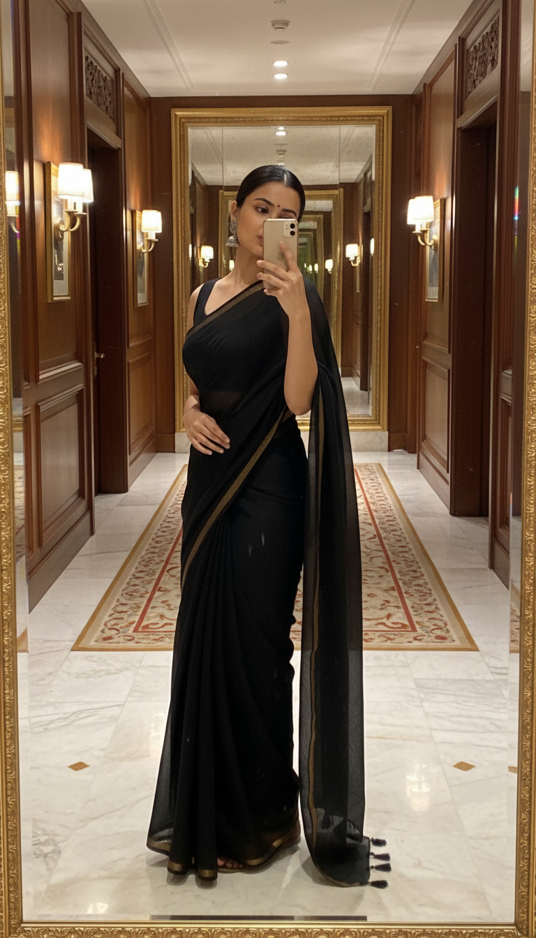 Black- Mul cotton saree with Thin jori border.