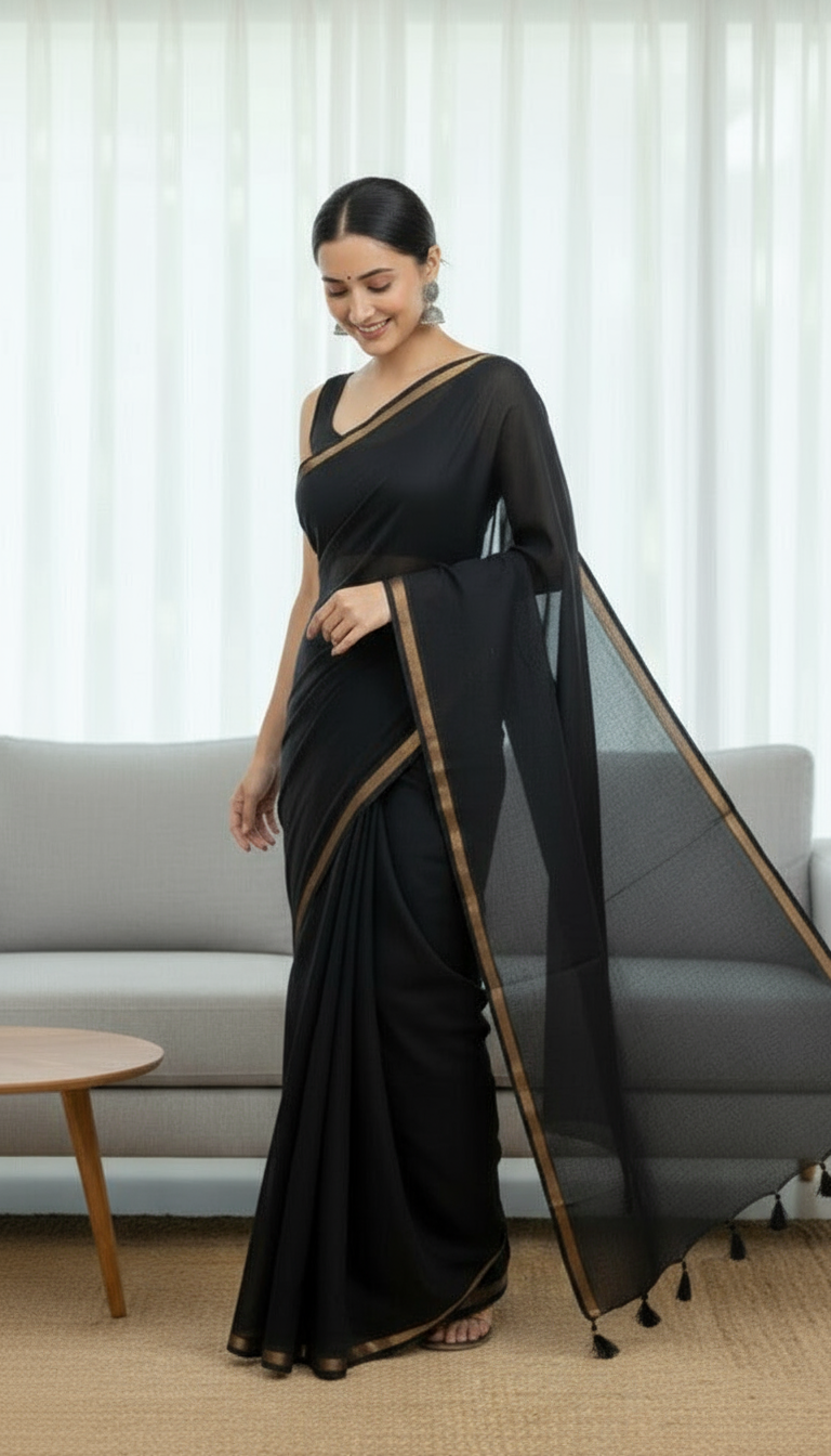 Black- Mul cotton saree with Thin jori border.