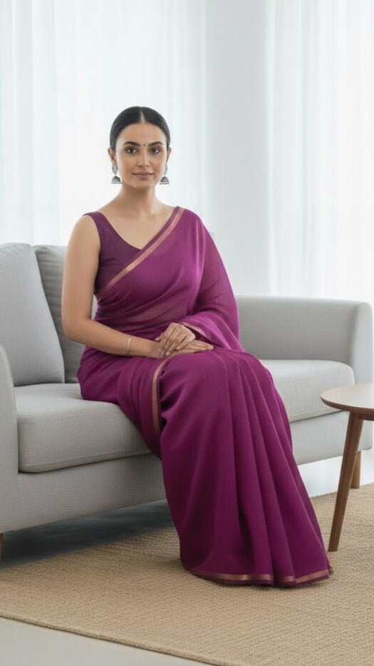 Purple - Mul cotton saree with Thin jori border.