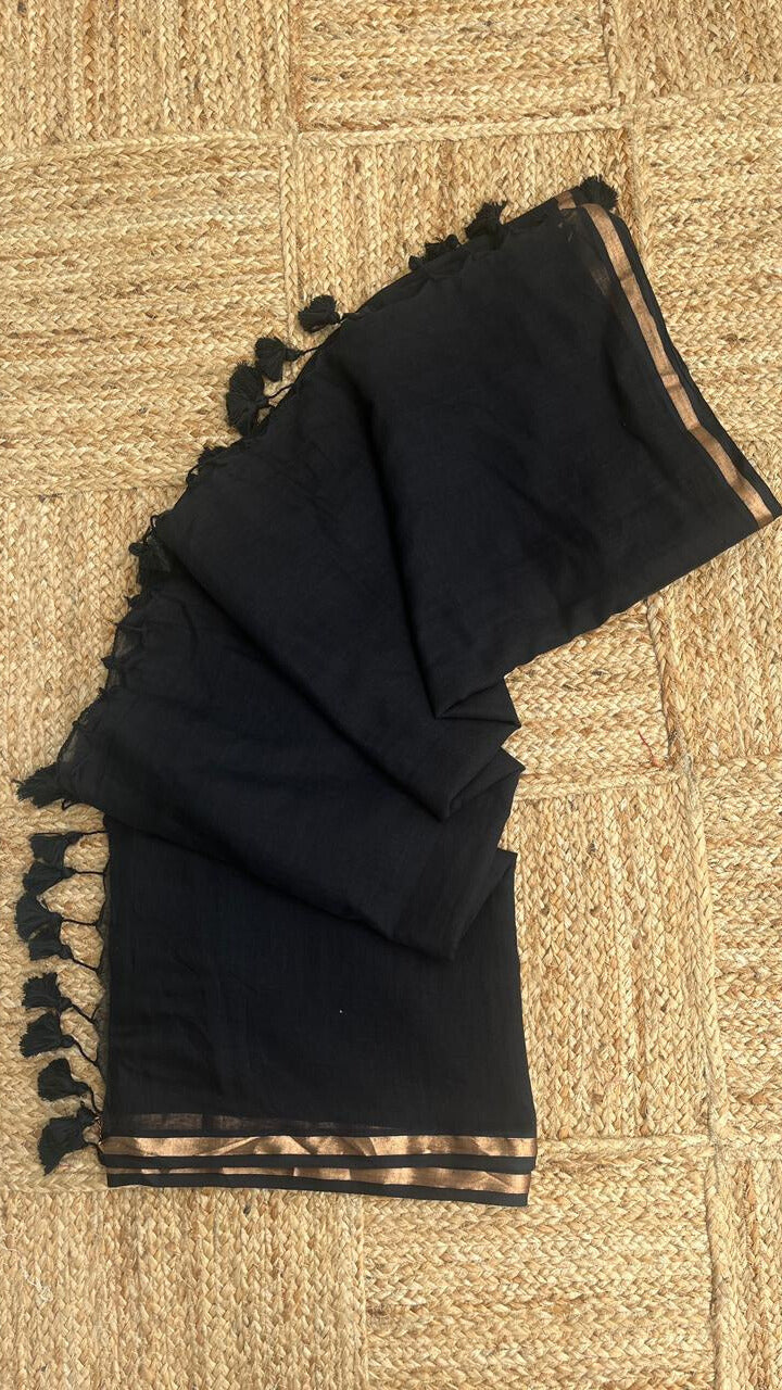 Black- Mul cotton saree with Thin jori border.