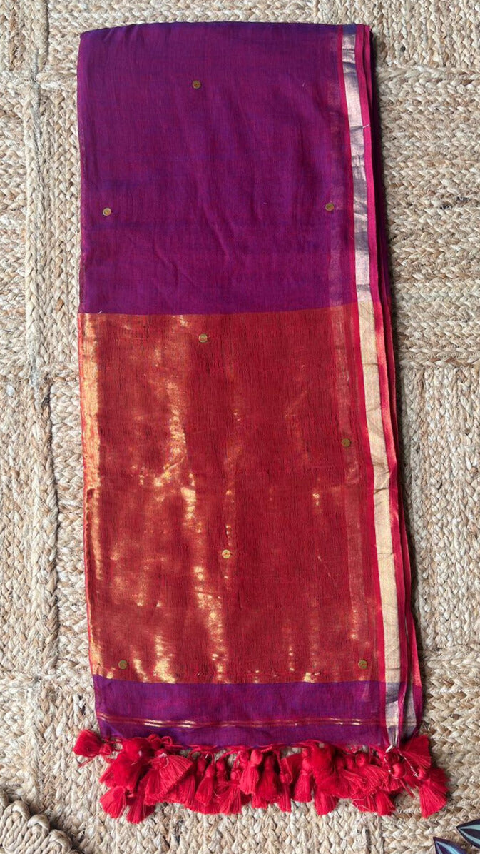 Purple- Mul Cotton Sequin Jori Border Saree