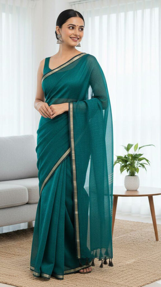 Green - Mul cotton saree with Thin jori border.