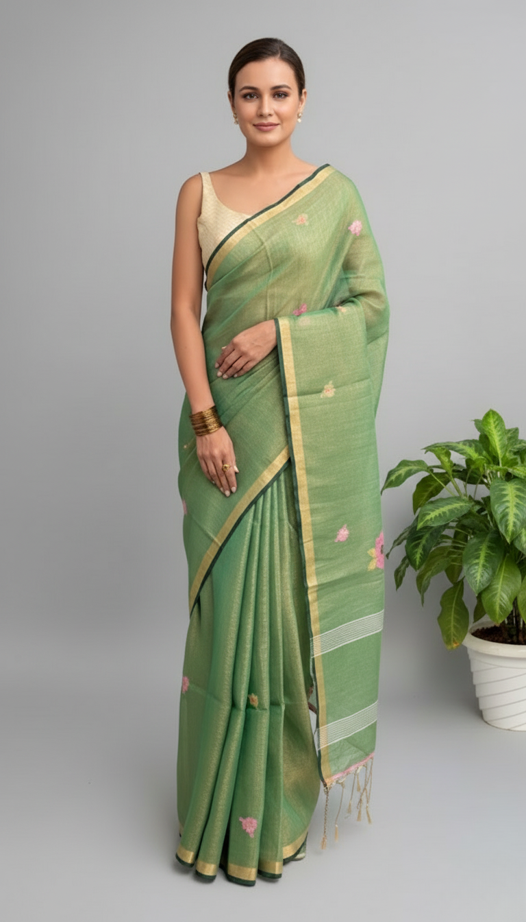 Green Handwoven Linen Tissue Saree – Floral Pallu Design