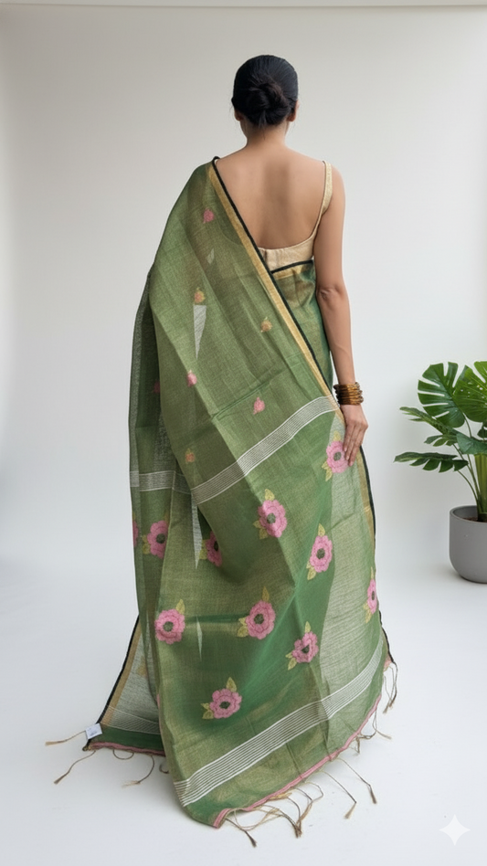 Green Handwoven Linen Tissue Saree – Floral Pallu Design